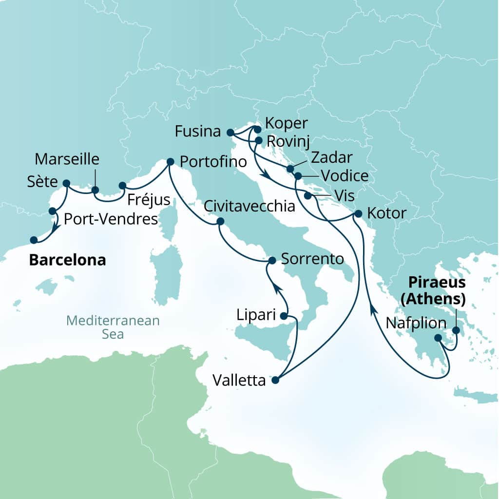 Seabourn Ovation 21-day Piraeus (Athens), Greece to Barcelona, Spain itinerary map, July 15-August 5 2028