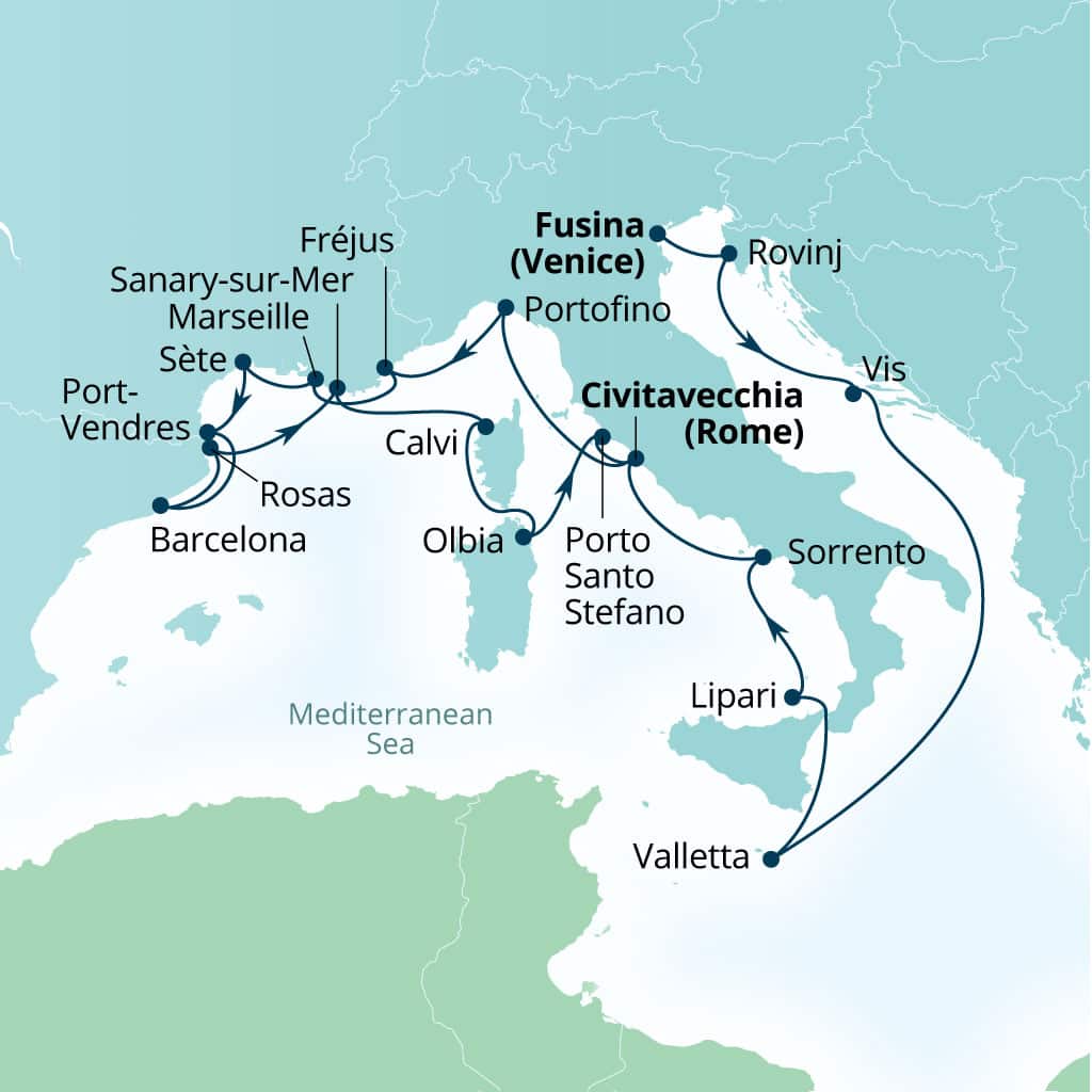 Seabourn Ovation 21-day Fusina (Venice), Italy to Civitavecchia (Rome), Italy itinerary map, July 22-August 12 2028