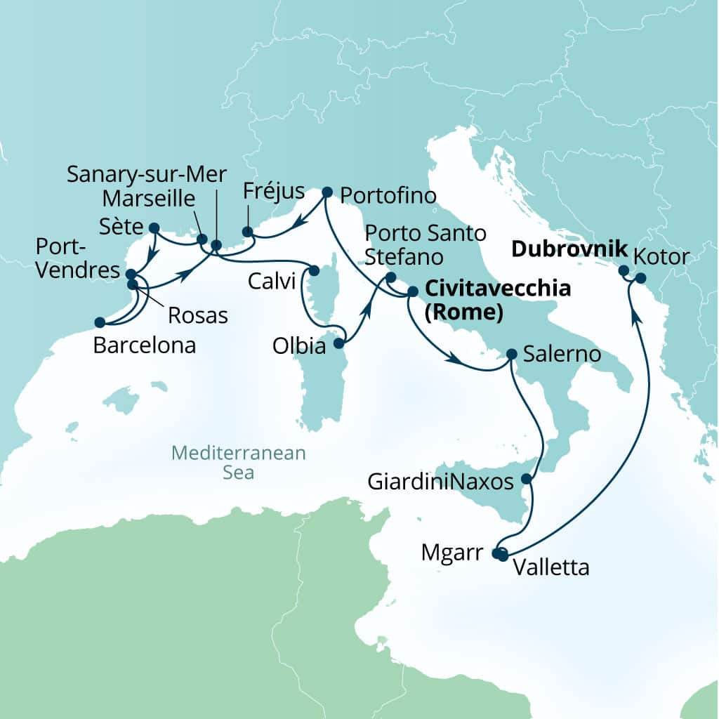 Seabourn Ovation 21-day Civitavecchia (Rome), Italy to Dubrovnik, Croatia itinerary map, July 29-August 19 2028
