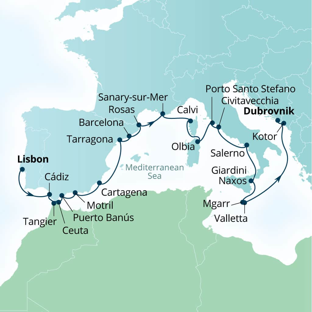 Seabourn Ovation 23-day Lisbon, Portugal to Dubrovnik, Croatia itinerary map, April 6-29 2028