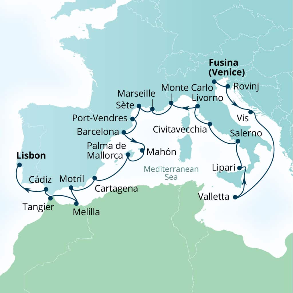 Seabourn Ovation 23-day Fusina (Venice), Italy to Lisbon, Portugal itinerary map, November 4-27 2028