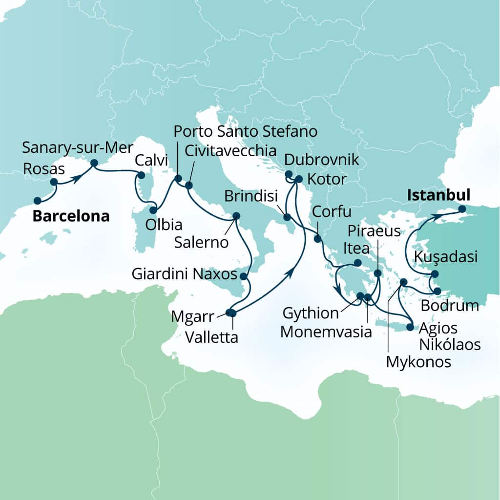 Seabourn Ovation 28-day Barcelona, Spain to Istanbul, Turkey itinerary map, April 15-May 13 2028