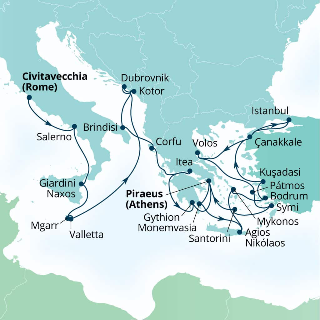 Seabourn Ovation 28-day Civitavecchia (Rome), Italy to Piraeus (Athens), Greece itinerary map, April 22-May 20 2028