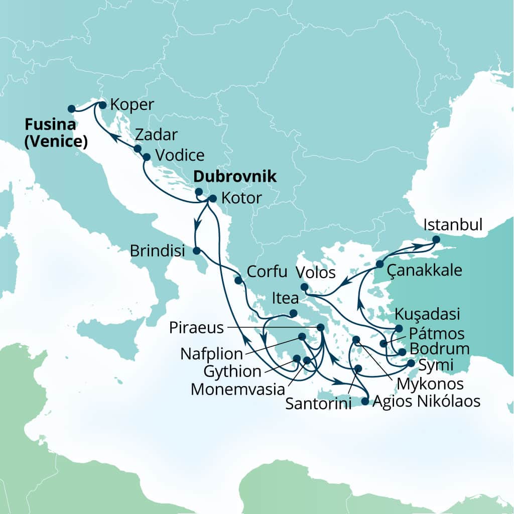 Seabourn Ovation 28-day Dubrovnik, Croatia to Fusina (Venice), Italy itinerary map, April 29-May 27 2028