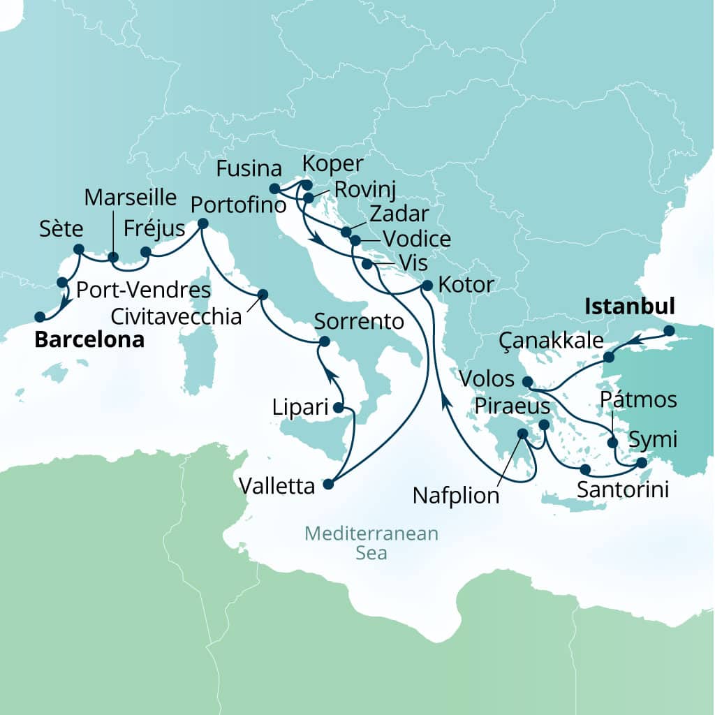 Seabourn Ovation 28-day Istanbul, Turkey to Barcelona, Spain itinerary map, May 13-June 10 2028