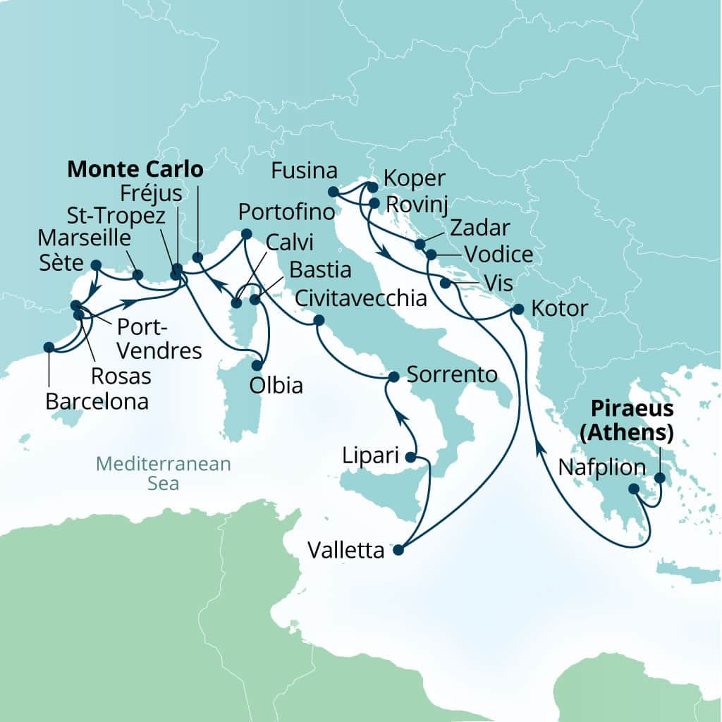 Seabourn Ovation 28-day Piraeus (Athens), Greece to Monte Carlo, Monaco itinerary map, May 20-June 17 2028