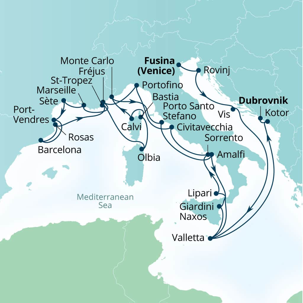 Seabourn Ovation 28-day Fusina (Venice), Italy to Dubrovnik, Croatia itinerary map, May 27-June 24 2028