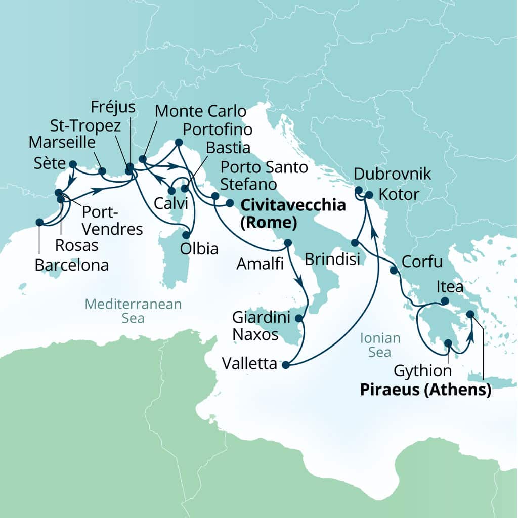 Seabourn Ovation 28-day Civitavecchia (Rome), Italy to Piraeus (Athens), Greece itinerary map, June 3-July 1 2028