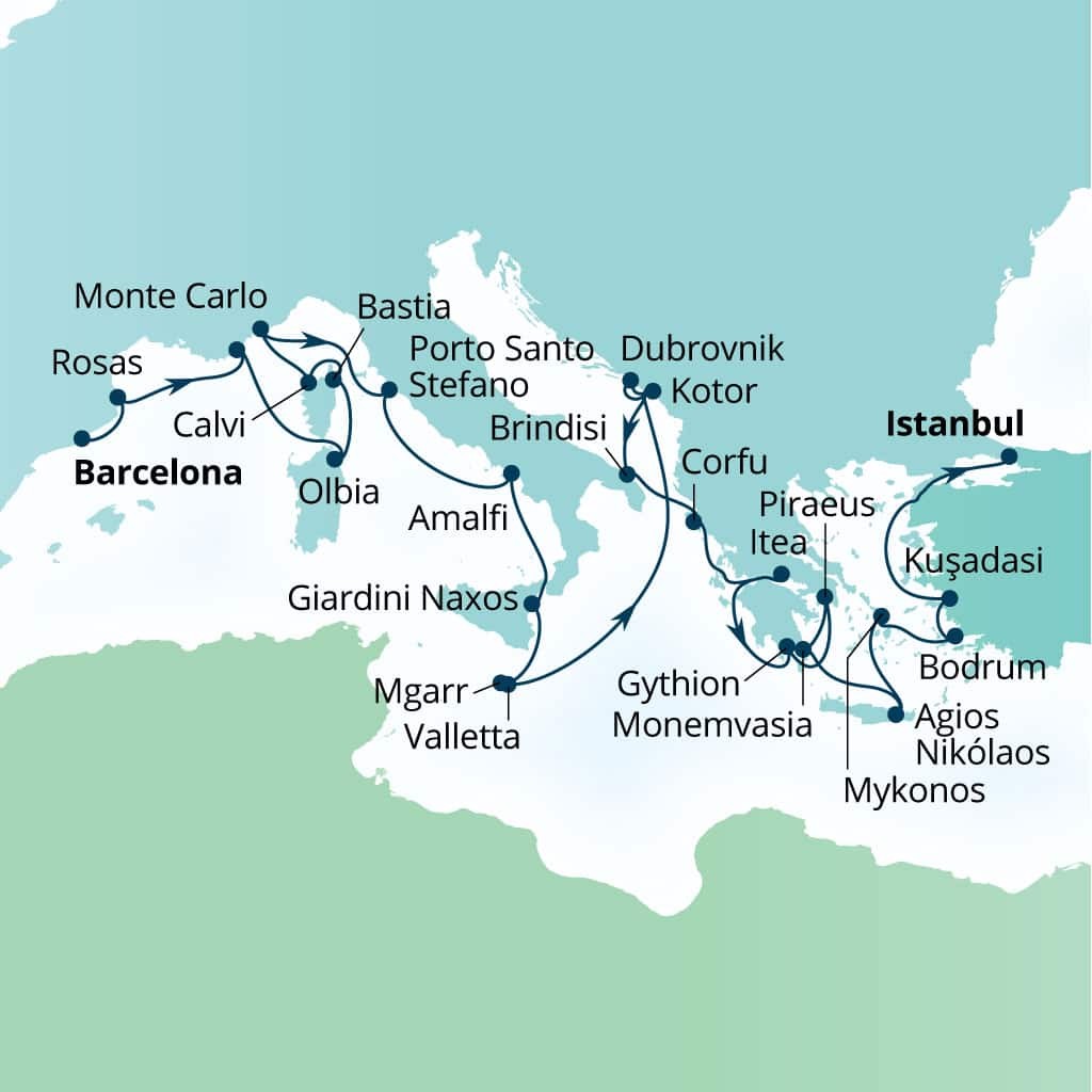 Seabourn Ovation 28-day Barcelona, Spain to Istanbul, Turkey itinerary map, June 10-July 8 2028