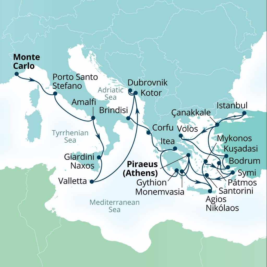 Seabourn Ovation 28-day Monte Carlo, Monaco to Piraeus (Athens), Greece itinerary map, June 17-July 15 2028