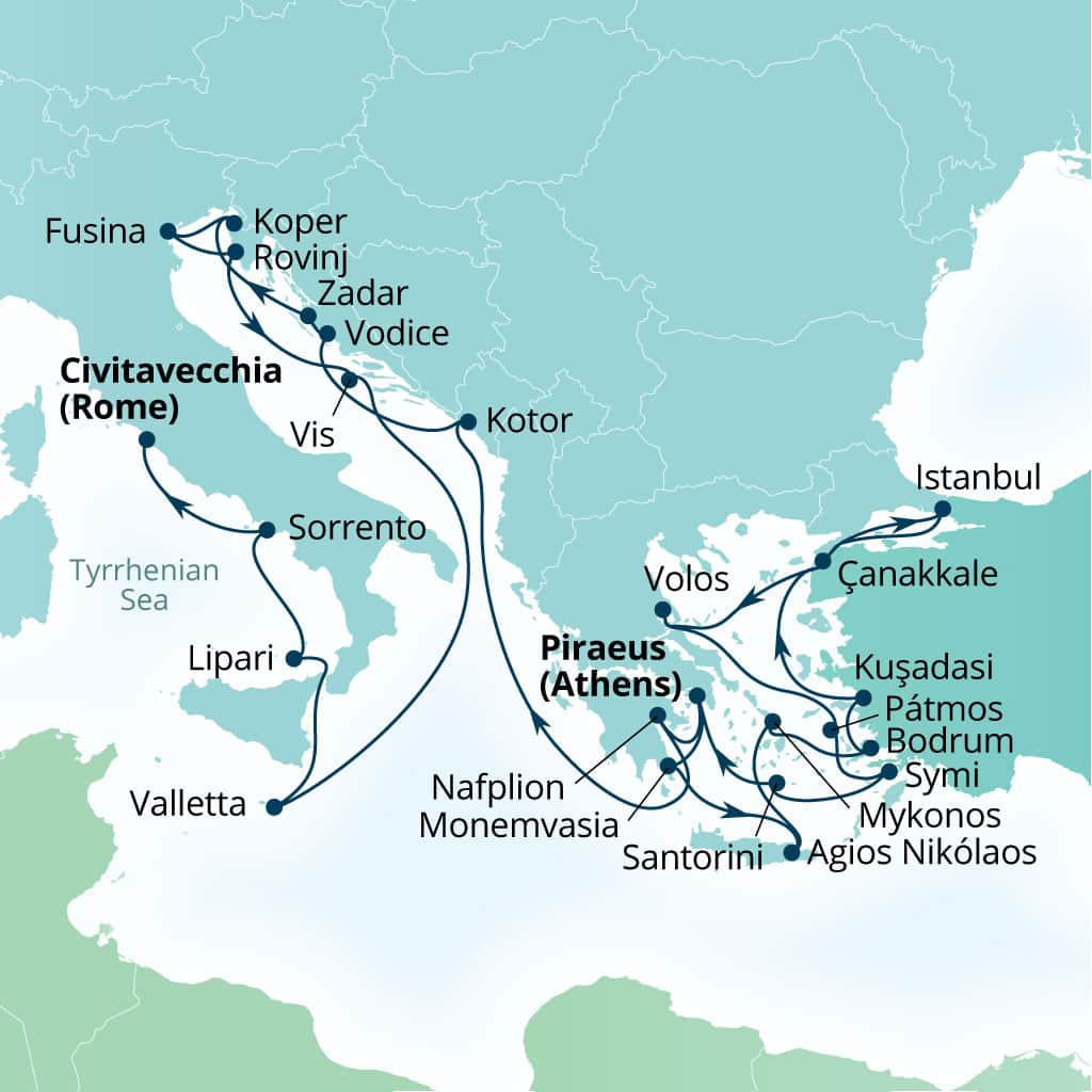 Seabourn Ovation 28-day Piraeus (Athens), Greece to Civitavecchia (Rome), Italy itinerary map, July 1-29 2028