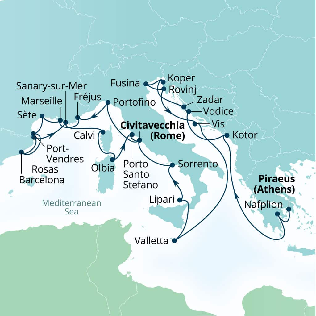 Seabourn Ovation 28-day Piraeus (Athens), Greece to Civitavecchia (Rome), Italy itinerary map, July 15-August 12 2028