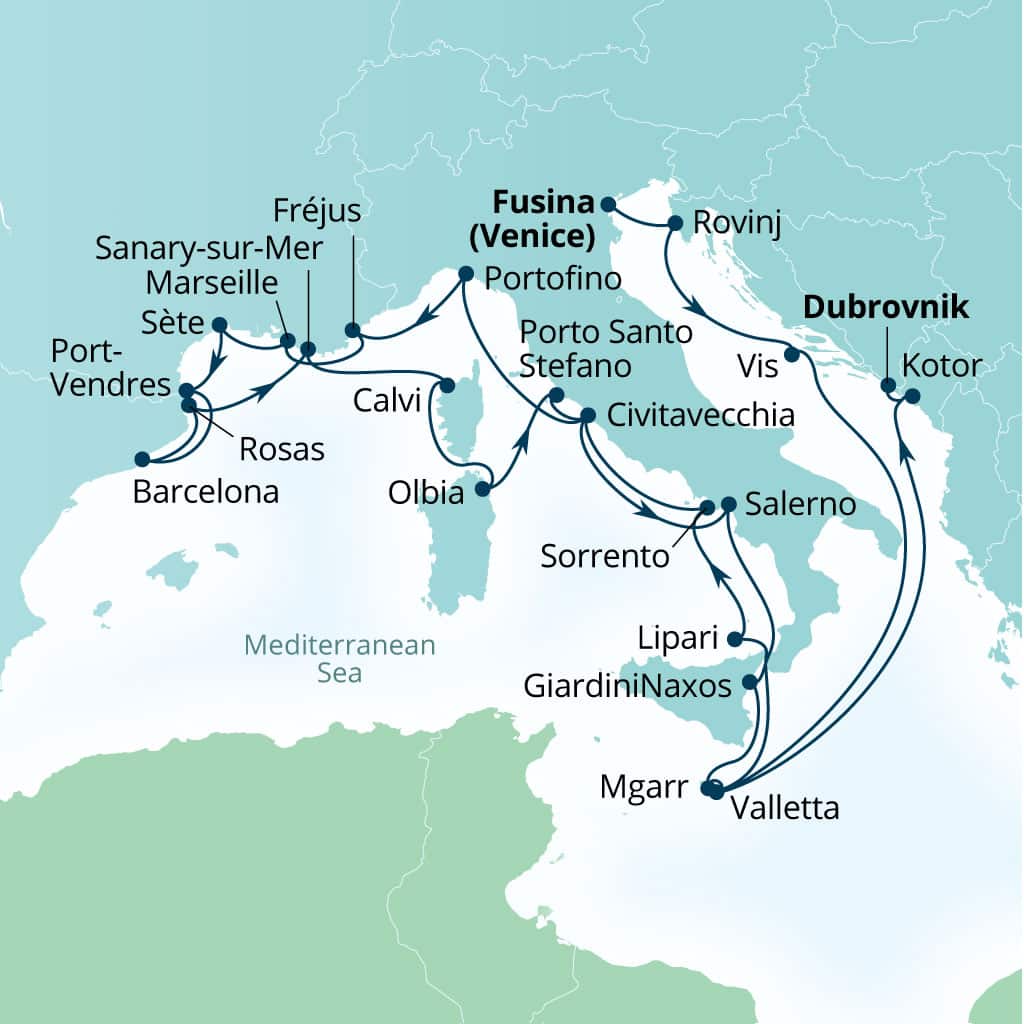 Seabourn Ovation 28-day Fusina (Venice), Italy to Dubrovnik, Croatia itinerary map, July 22-August 19 2028