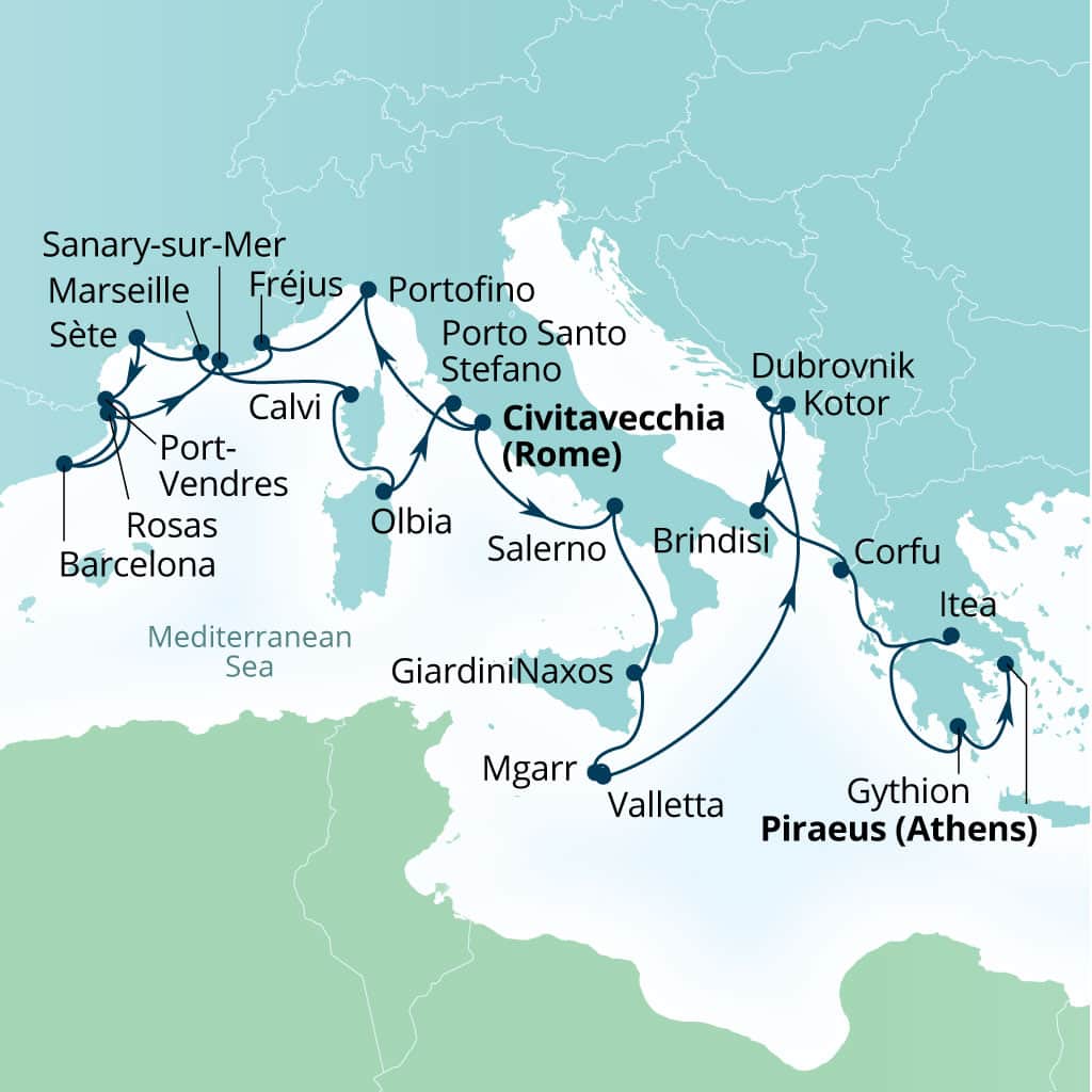 Seabourn Ovation 28-day Civitavecchia (Rome), Italy to Piraeus (Athens), Greece itinerary map, July 29-August 26 2028