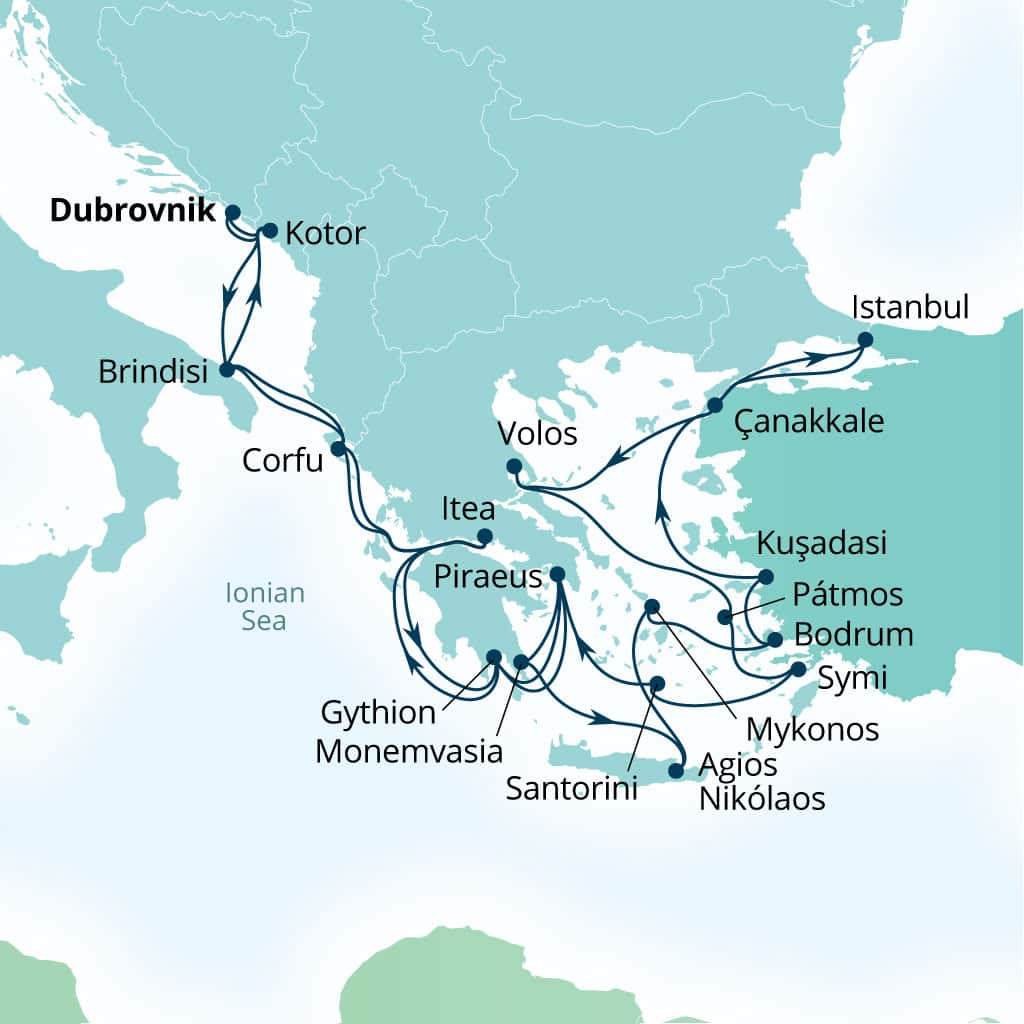 Seabourn Ovation 28-day Dubrovnik, Croatia to Dubrovnik, Croatia itinerary map, August 19-September 16 2028