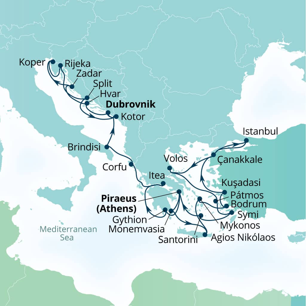 Seabourn Ovation 28-day Piraeus (Athens), Greece to Dubrovnik, Croatia itinerary map, August 26-September 23 2028