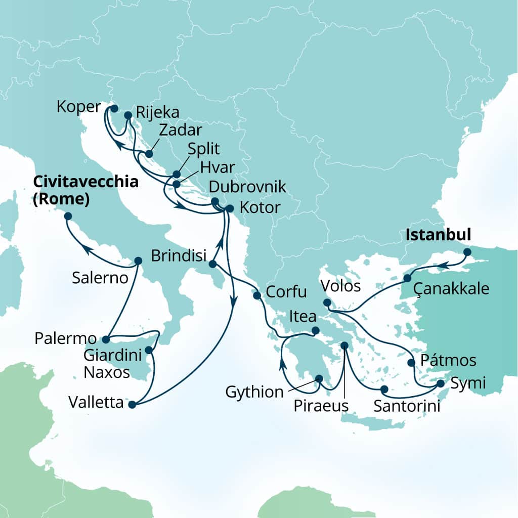 Seabourn Ovation 28-day Istanbul, Turkey to Civitavecchia (Rome), Italy itinerary map, September 2-30 2028