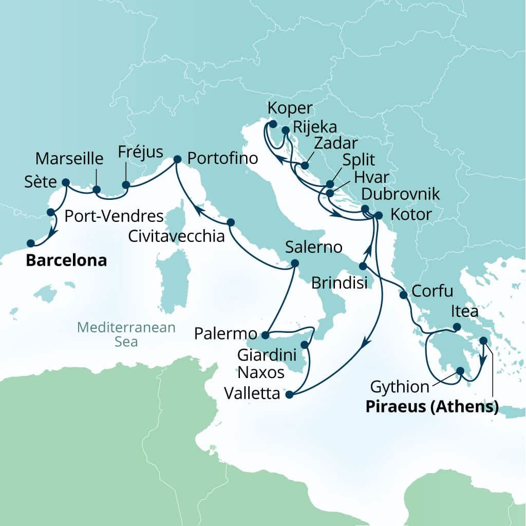 Seabourn Ovation 28-day Piraeus (Athens), Greece to Barcelona, Spain itinerary map, September 9-October 7 2028
