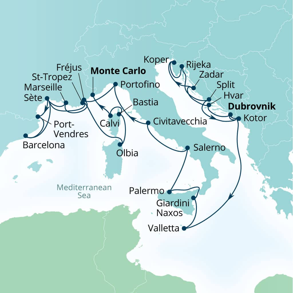 Seabourn Ovation 28-day Dubrovnik, Croatia to Monte Carlo, Monaco itinerary map, September 16-October 14 2028