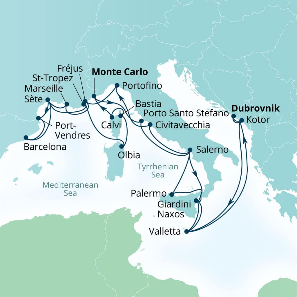 Seabourn Ovation 28-day Dubrovnik, Croatia to Dubrovnik, Croatia itinerary map, September 23-October 21 2028