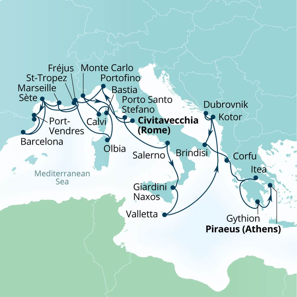 Seabourn Ovation 28-day Civitavecchia (Rome), Italy to Piraeus (Athens), Greece itinerary map, September 30-October 28 2028