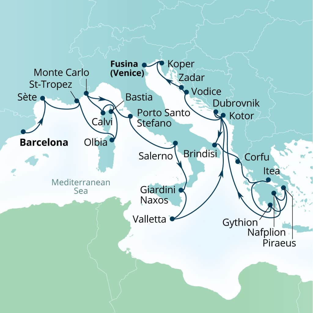 Seabourn Ovation 28-day Barcelona, Spain to Fusina (Venice), Italy itinerary map, October 7-November 4 2028