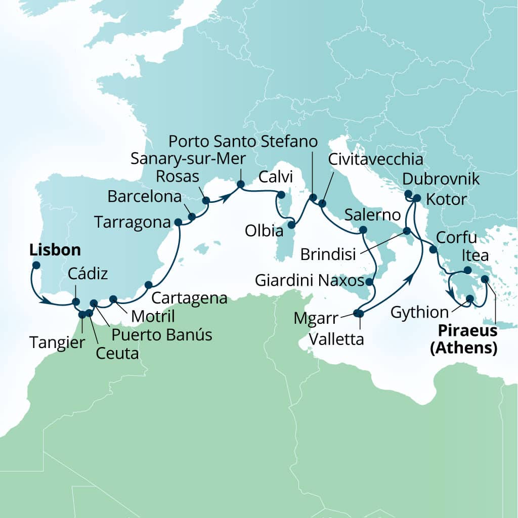 Seabourn Ovation 30-day Lisbon, Portugal to Piraeus (Athens), Greece itinerary map, April 6-May 6 2028