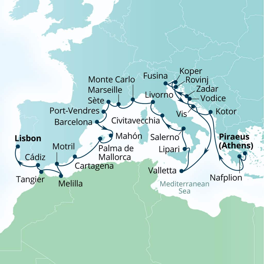 Seabourn Ovation 30-day Piraeus (Athens), Greece to Lisbon, Portugal itinerary map, October 28-November 27 2028