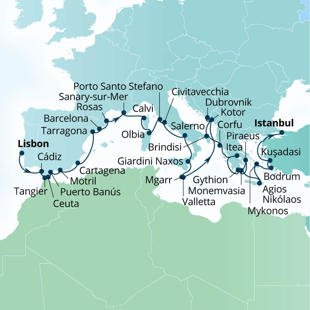 Seabourn Ovation 37-day Lisbon, Portugal to Istanbul, Turkey itinerary map, April 6-May 13 2028