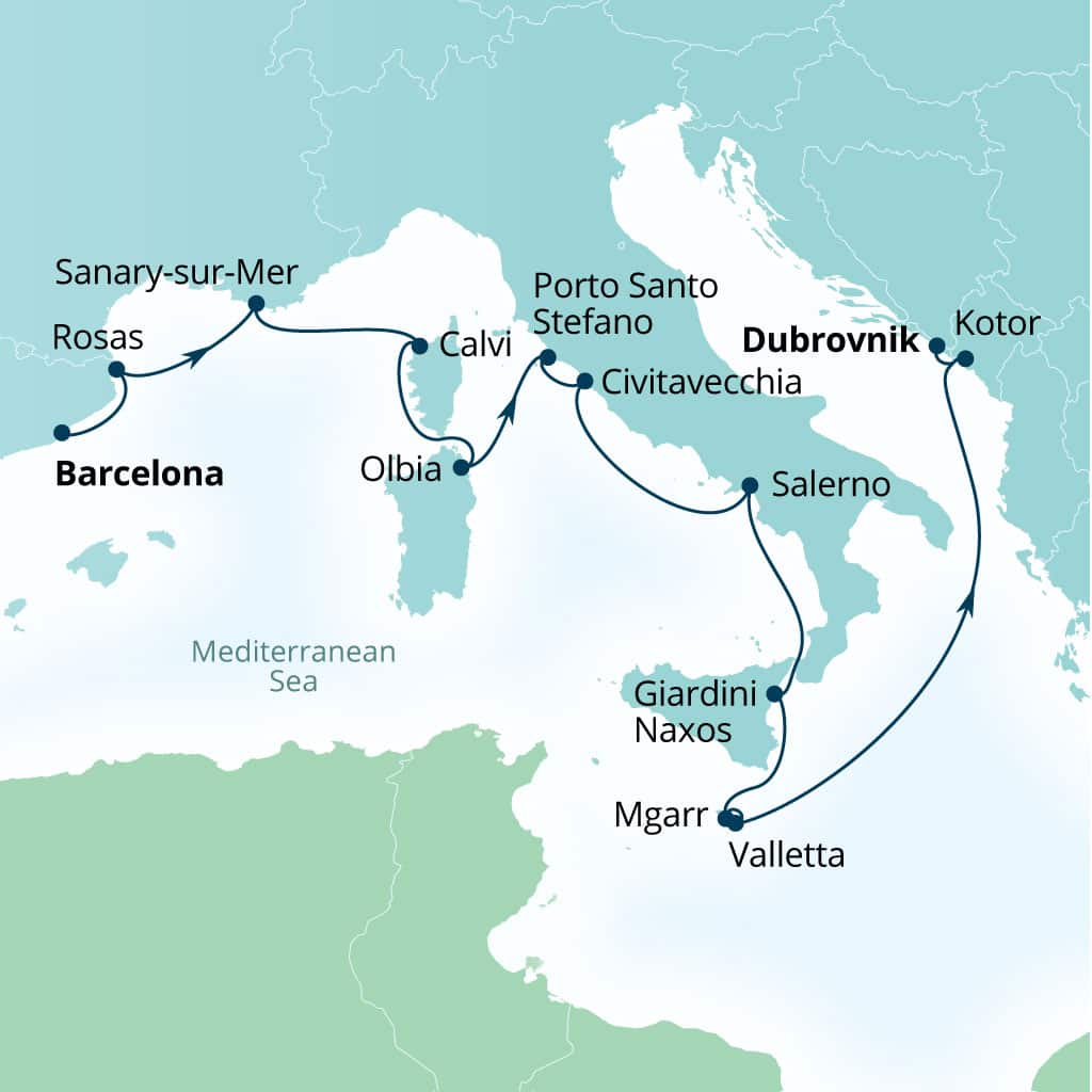 Seabourn Ovation 14-day Barcelona, Spain to Dubrovnik, Croatia itinerary map, August 5-19 2028