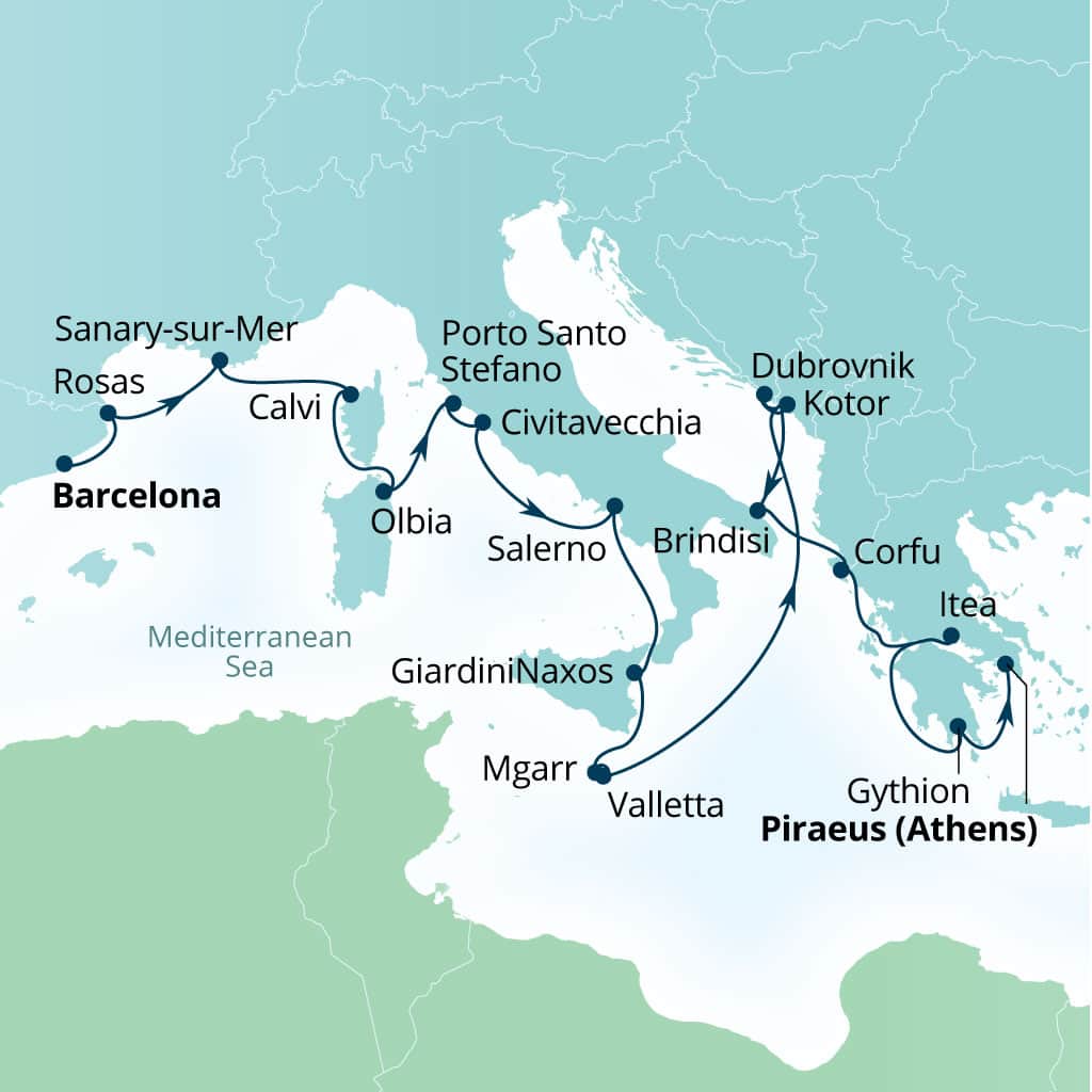Seabourn Ovation 21-day Barcelona, Spain to Piraeus (Athens), Greece itinerary map, August 5-26 2028