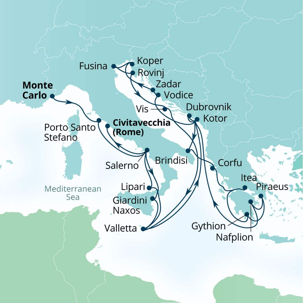 Seabourn Ovation 28-day Monte Carlo, Monaco to Civitavecchia (Rome), Italy itinerary map, October 14-November 11 2028