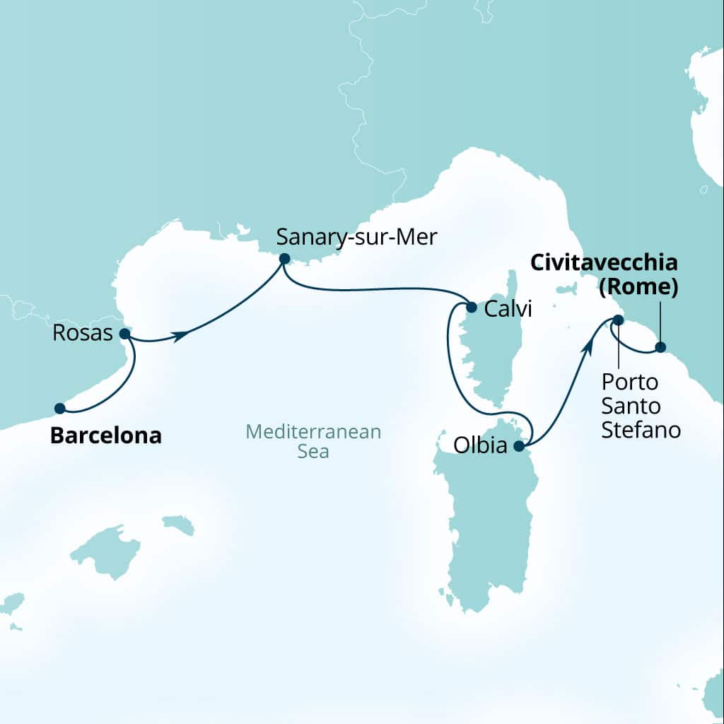 Seabourn Ovation 7-day Barcelona, Spain to Civitavecchia (Rome), Italy itinerary map, August 5-12 2028