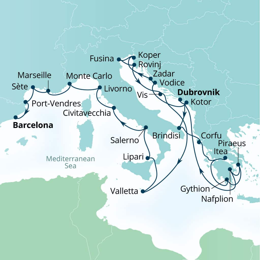 Seabourn Ovation 28-day Dubrovnik, Croatia to Barcelona, Spain itinerary map, October 21-November 18 2028