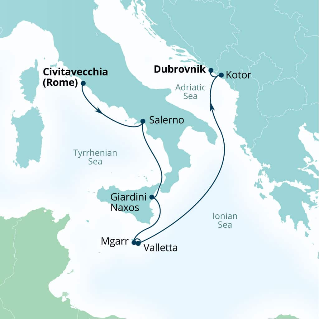 Seabourn Ovation 7-day Civitavecchia (Rome), Italy to Dubrovnik, Croatia itinerary map, August 12-19 2028
