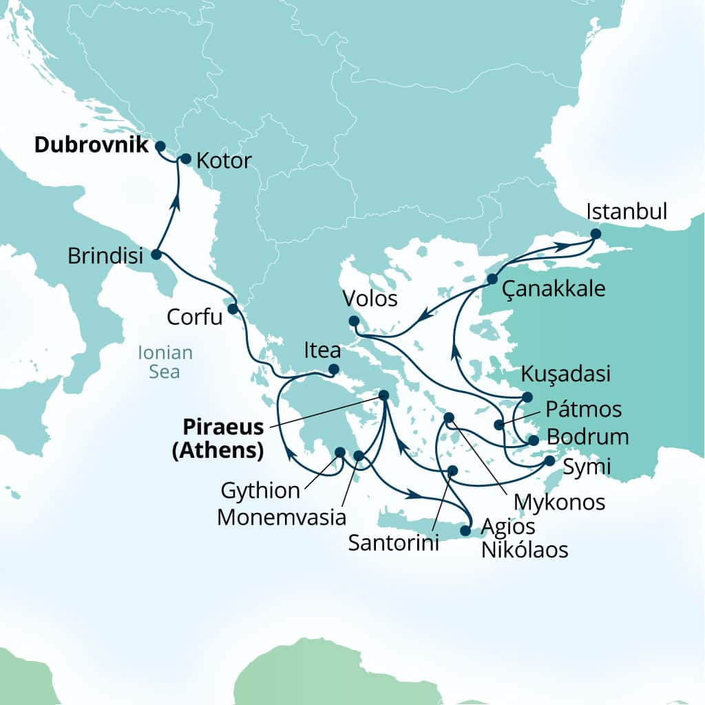 Seabourn Ovation 21-day Piraeus (Athens), Greece to Dubrovnik, Croatia itinerary map, August 26-September 16 2028
