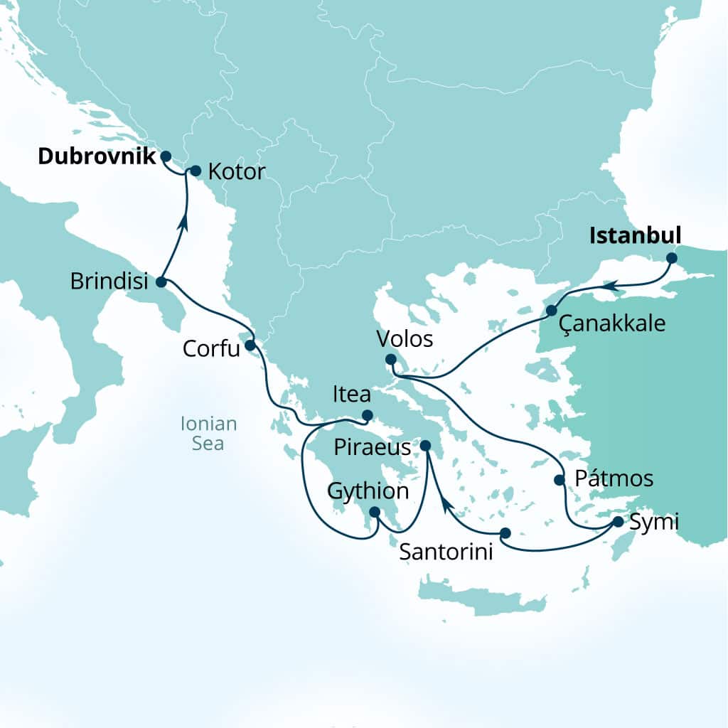 Seabourn Ovation 14-day Istanbul, Turkey to Dubrovnik, Croatia itinerary map, September 2-16 2028