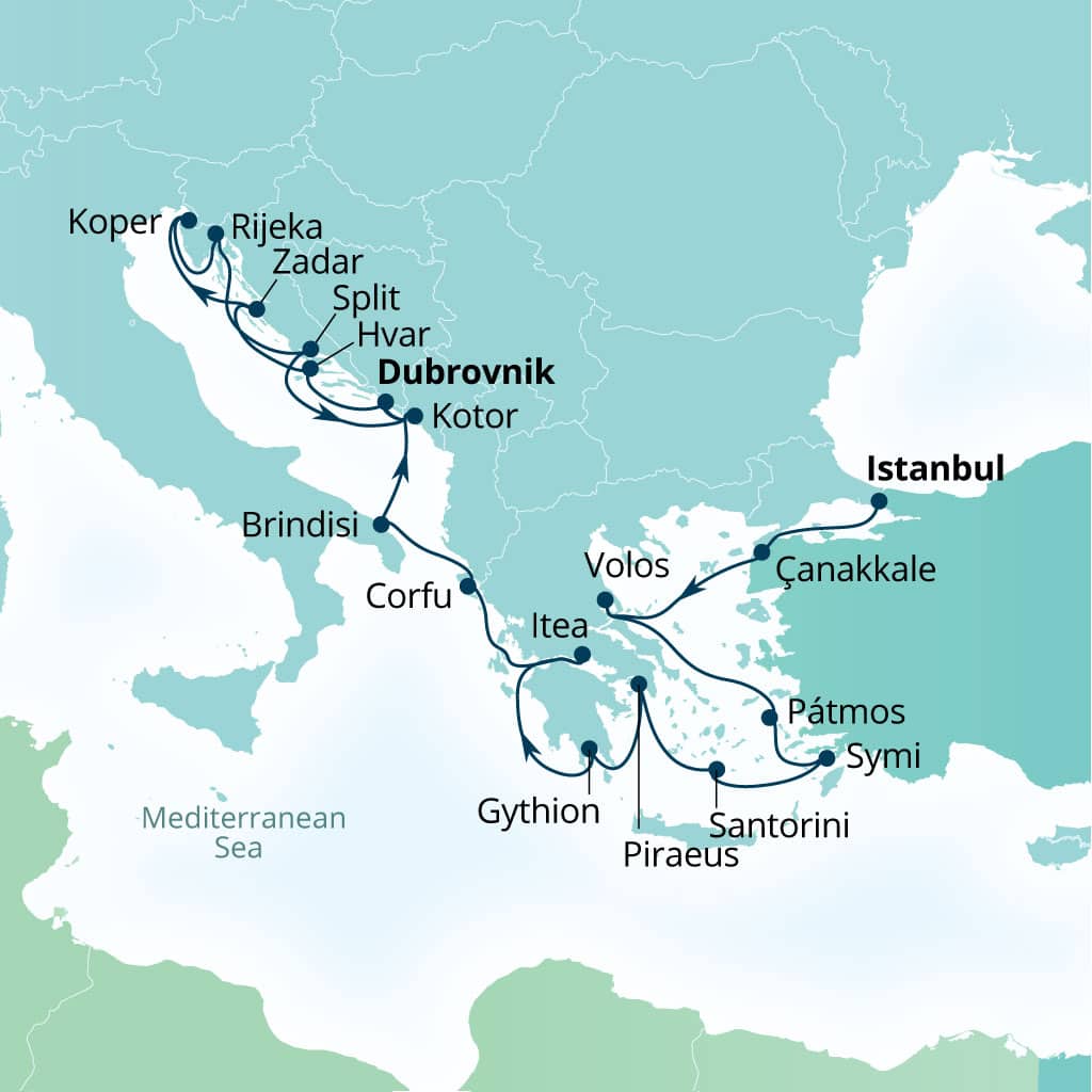 Seabourn Ovation 21-day Istanbul, Turkey to Dubrovnik, Croatia itinerary map, September 2-23 2028