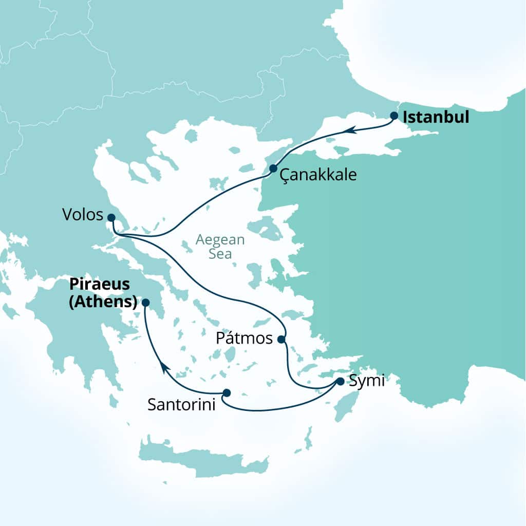 Seabourn Ovation 7-day Istanbul, Turkey to Piraeus (Athens), Greece itinerary map, September 2-9 2028