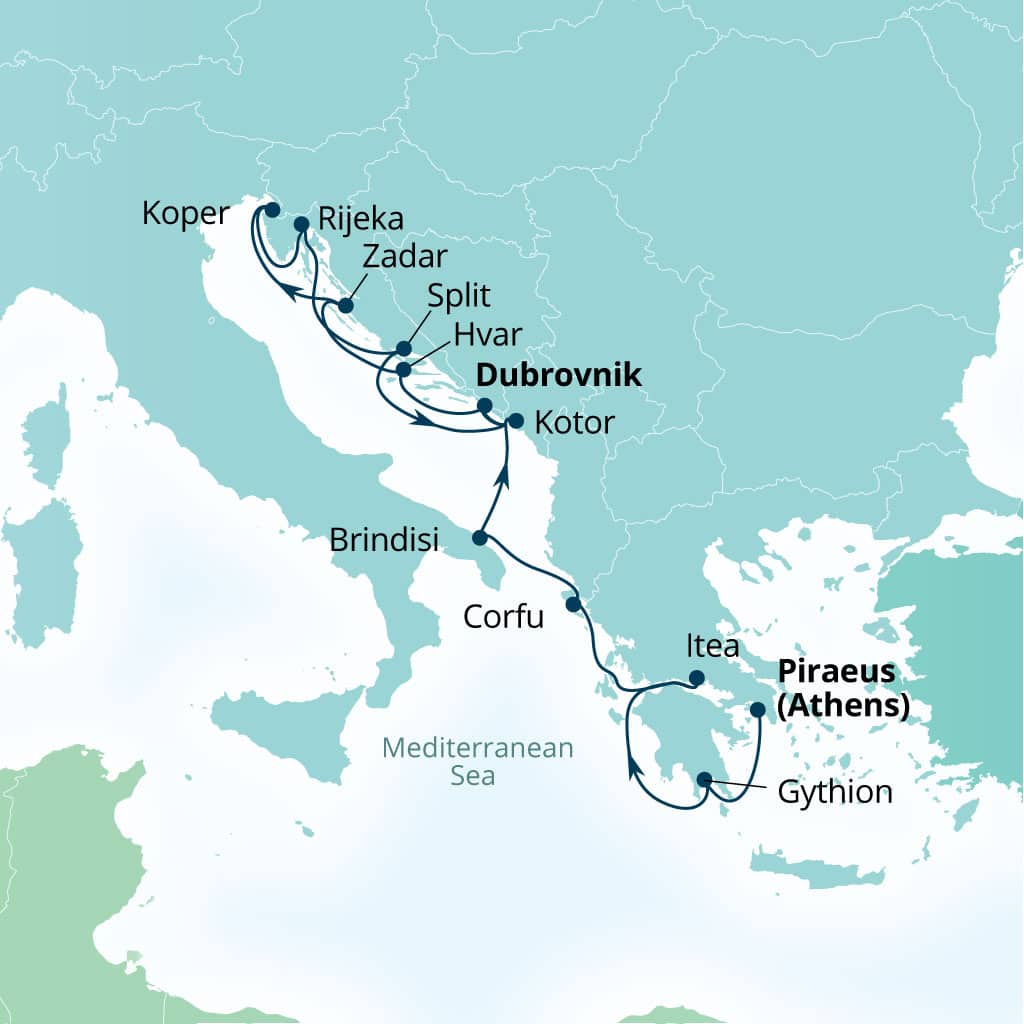 Seabourn Ovation 14-day Piraeus (Athens), Greece to Dubrovnik, Croatia itinerary map, September 9-23 2028