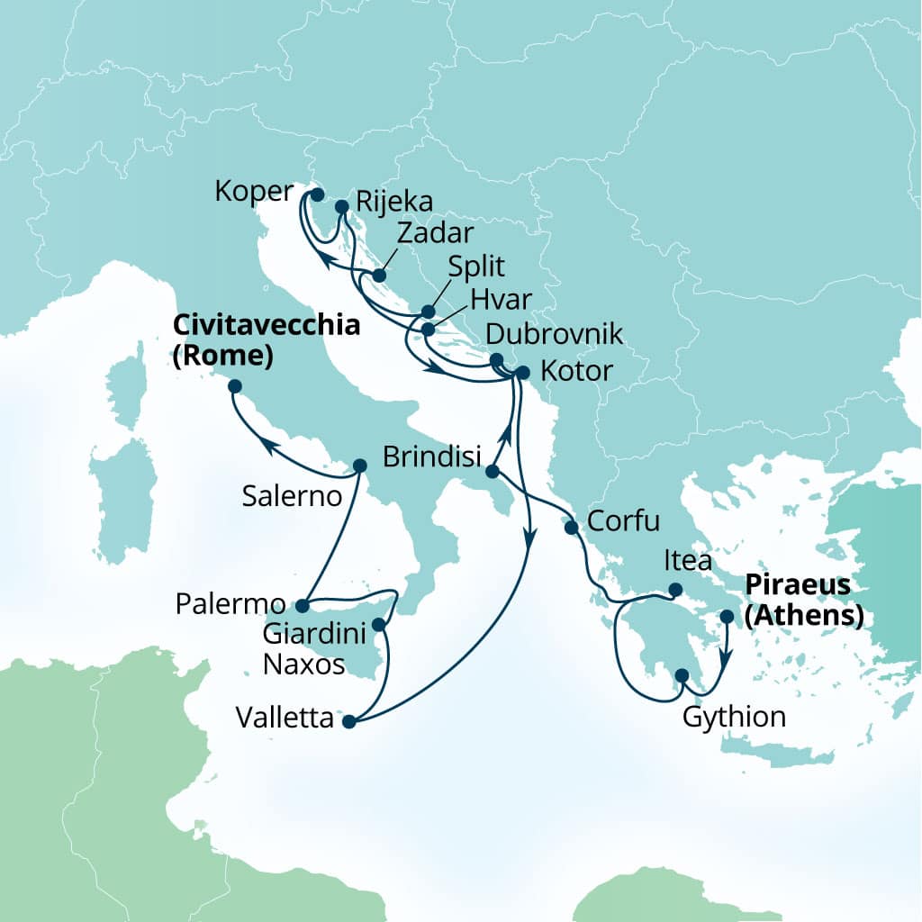 Seabourn Ovation 21-day Piraeus (Athens), Greece to Civitavecchia (Rome), Italy itinerary map, September 9-30 2028