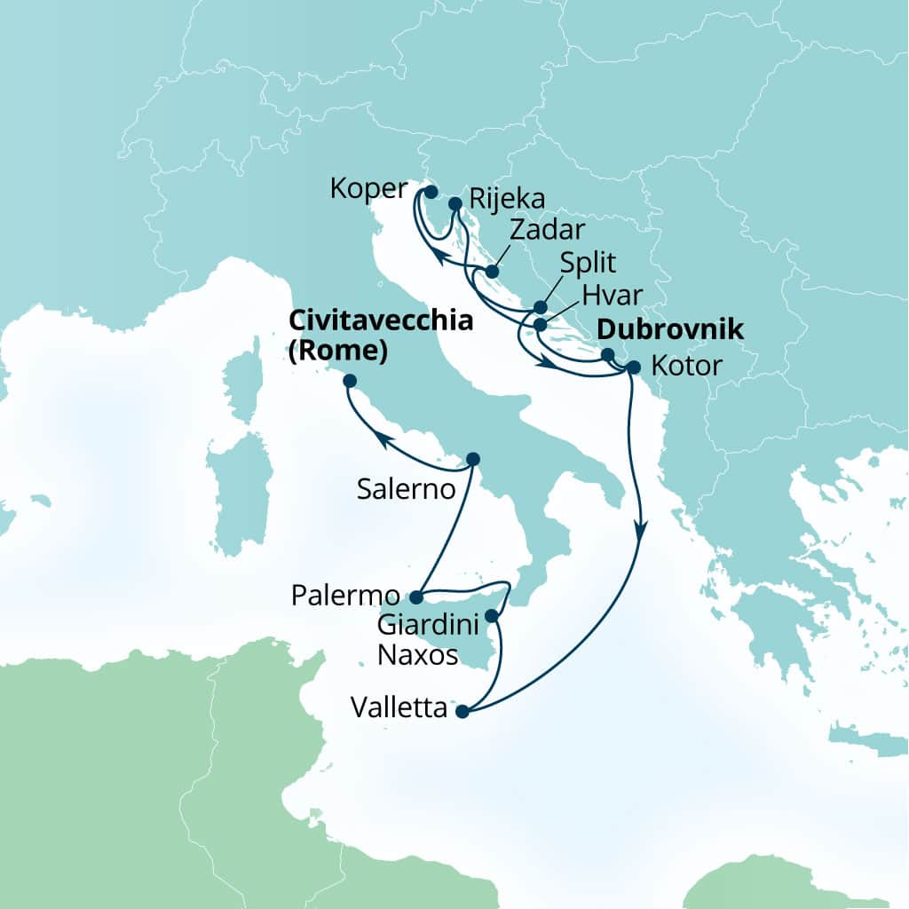 Seabourn Ovation 14-day Dubrovnik, Croatia to Civitavecchia (Rome), Italy itinerary map, September 16-30 2028