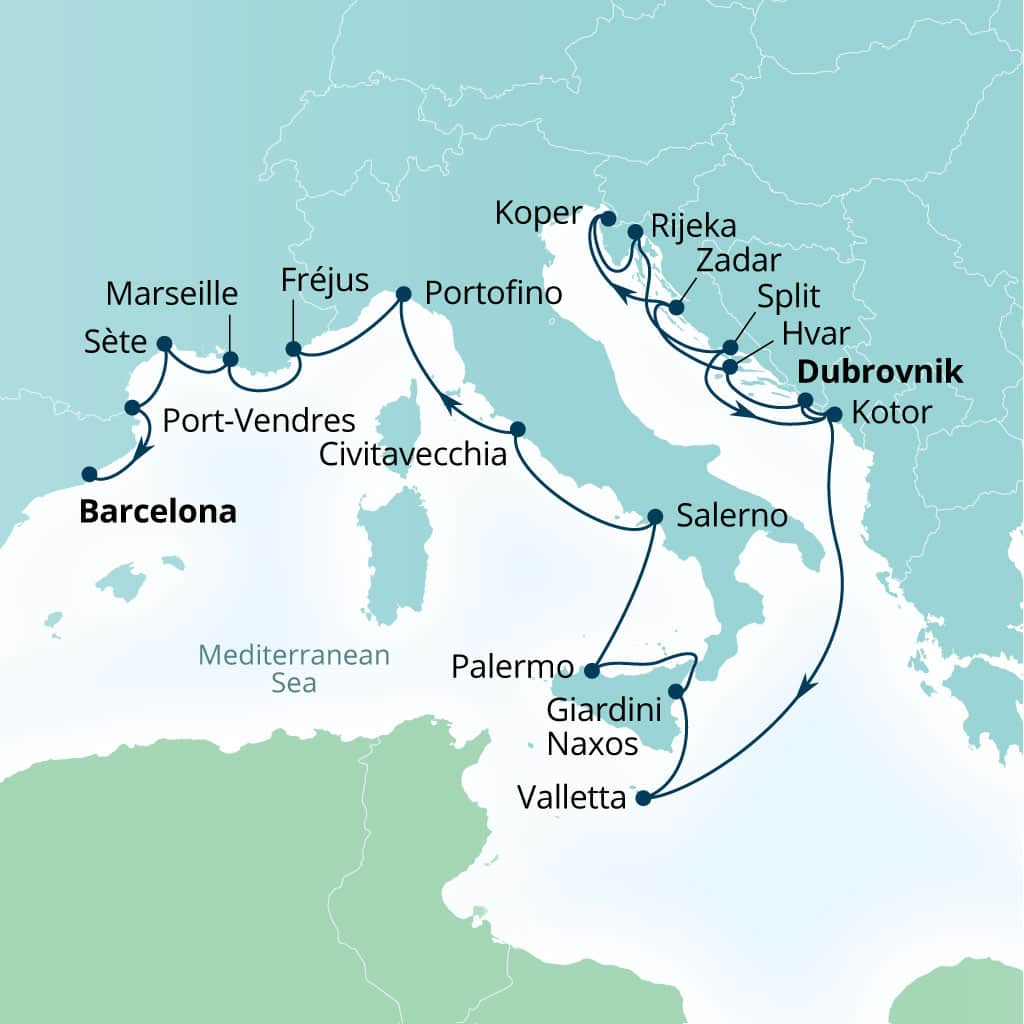 Seabourn Ovation 21-day Dubrovnik, Croatia to Barcelona, Spain itinerary map, September 16-October 7 2028