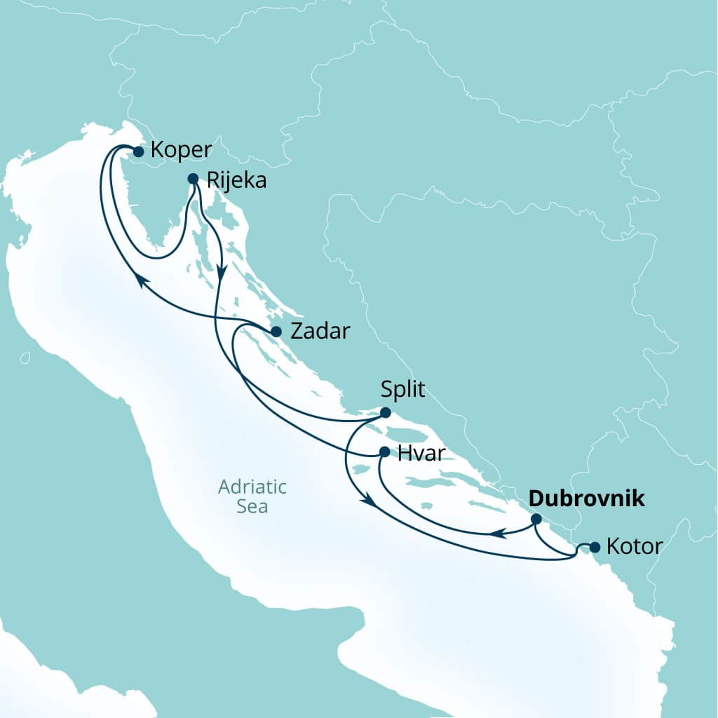 Seabourn Ovation 7-day Dubrovnik, Croatia to Dubrovnik, Croatia itinerary map, September 16-23 2028