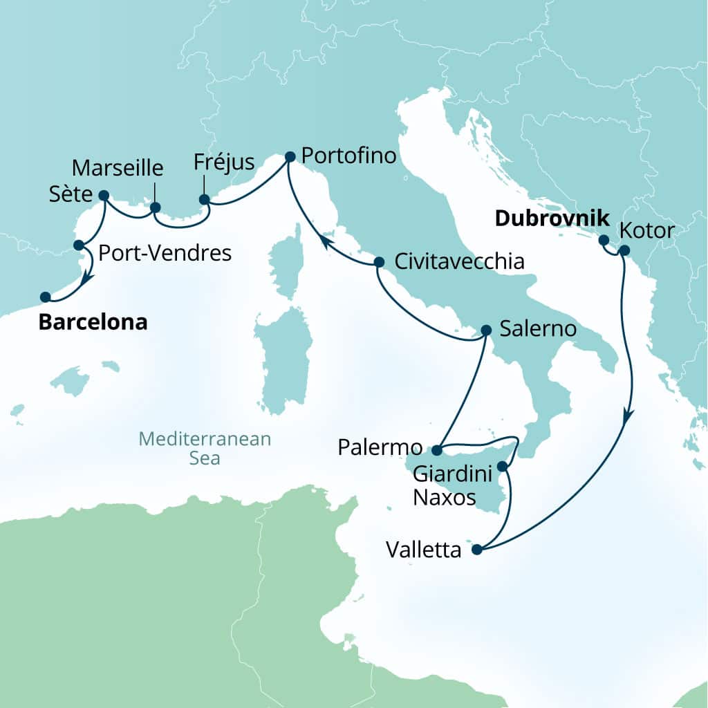 Seabourn Ovation 14-day Dubrovnik, Croatia to Barcelona, Spain itinerary map, September 23-October 7 2028
