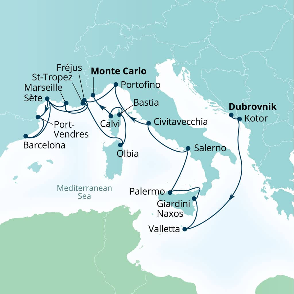 Seabourn Ovation 21-day Dubrovnik, Croatia to Monte Carlo, Monaco itinerary map, September 23-October 14 2028