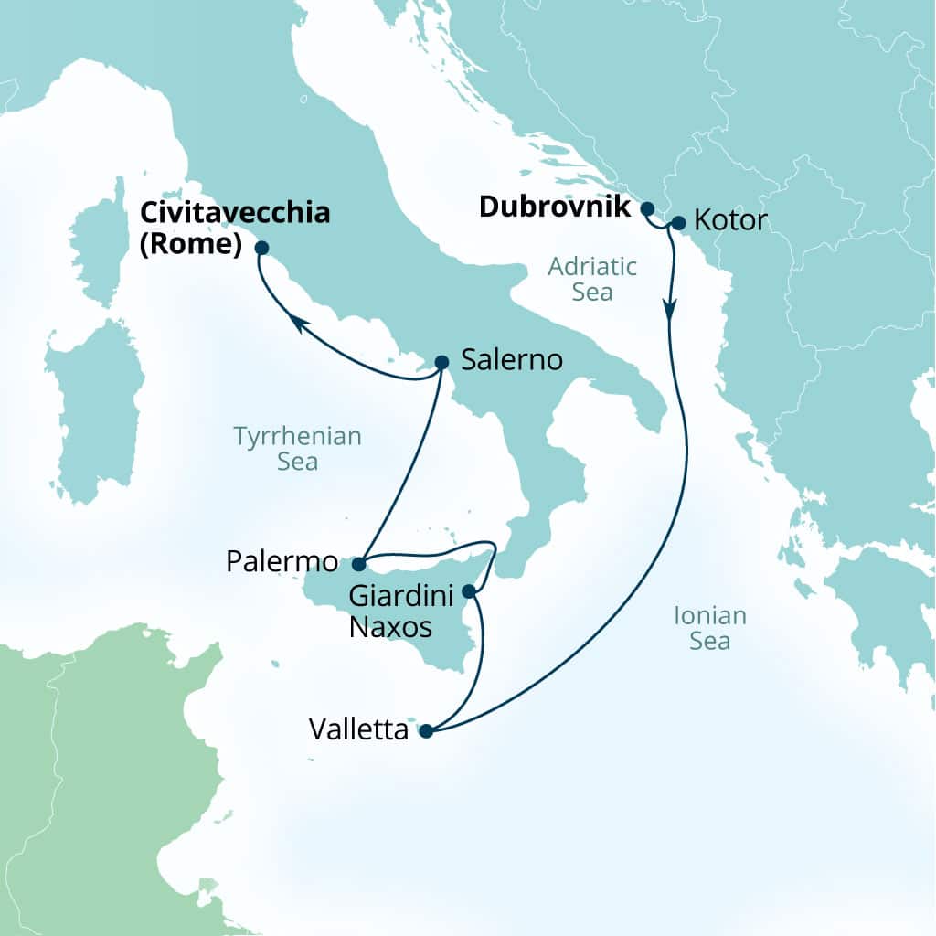 Seabourn Ovation 7-day Dubrovnik, Croatia to Civitavecchia (Rome), Italy itinerary map, September 23-30 2028