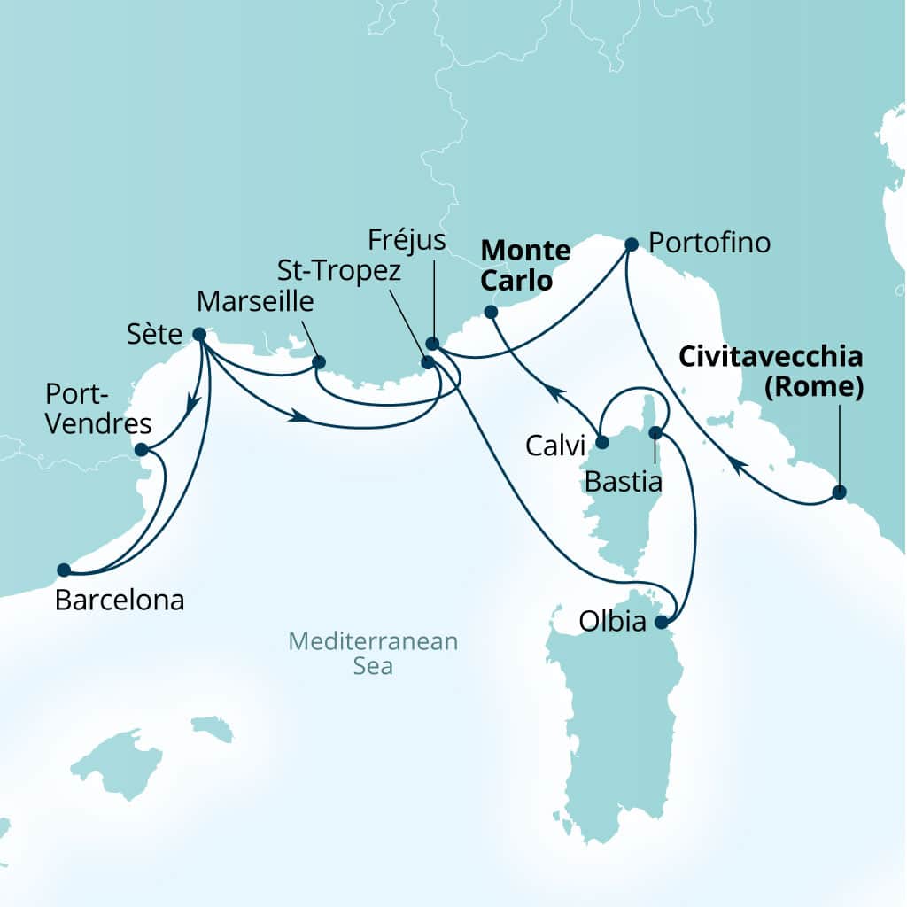 Seabourn Ovation 14-day Civitavecchia (Rome), Italy to Monte Carlo, Monaco itinerary map, September 30-October 14 2028