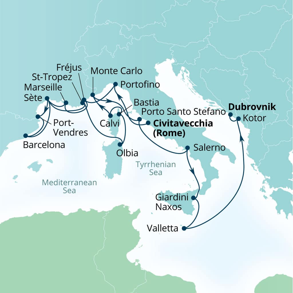 Seabourn Ovation 21-day Civitavecchia (Rome), Italy to Dubrovnik, Croatia itinerary map, September 30-October 21 2028