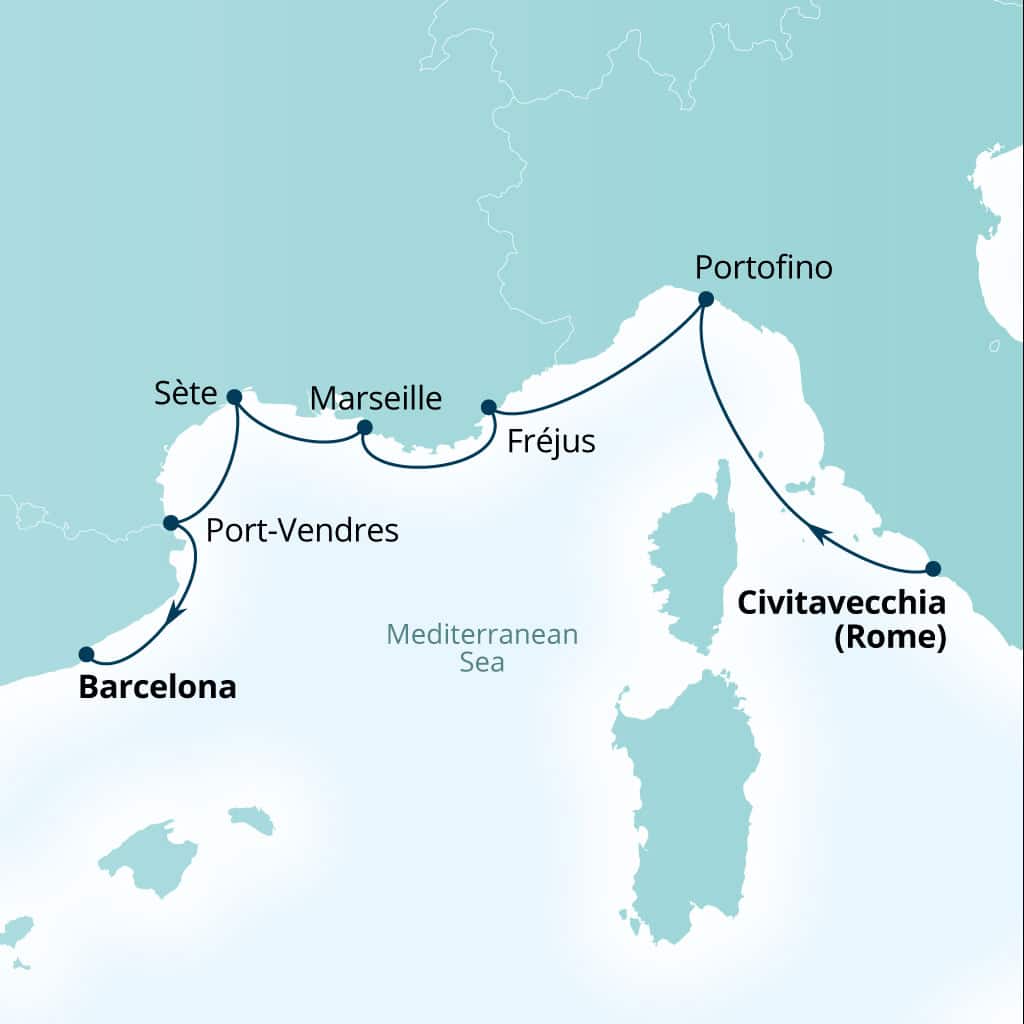 Seabourn Ovation 7-day Civitavecchia (Rome), Italy to Barcelona, Spain itinerary map, September 30-October 7 2028